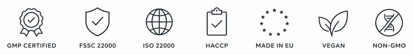 GMP certified · FSSC 22000 · ISO 22000 · HACCP · Made in EU · Vegan · Non-GMO